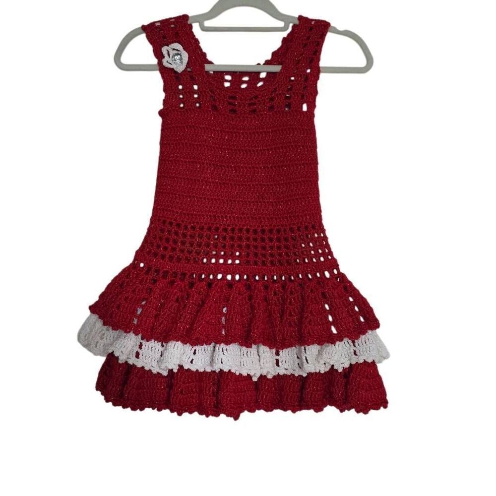 Handcrafted Girl's Size 7-8 Red White Crocheted Ruffle Tiered Sleeveless Dress